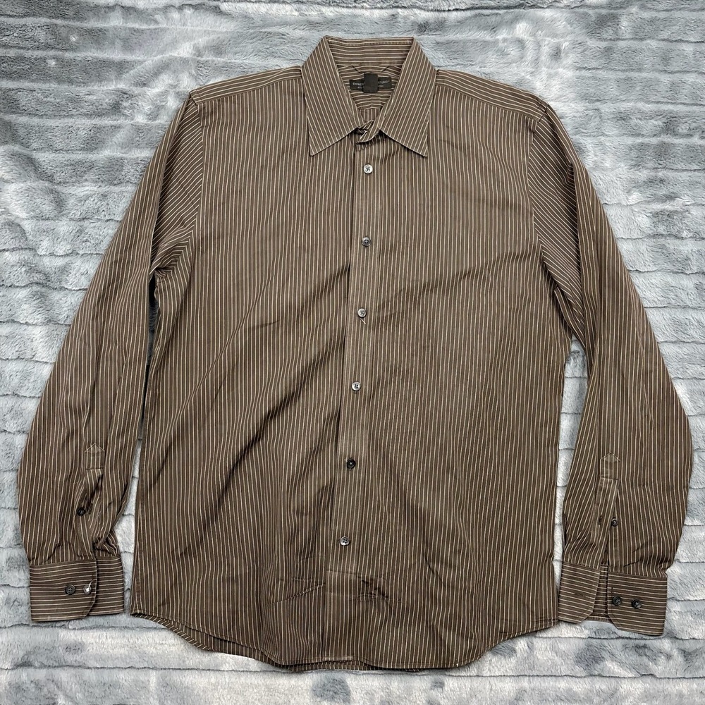 Express Design Studio Mens Brown Pinstripe Cotton Button Down Shirt Modern Fit L